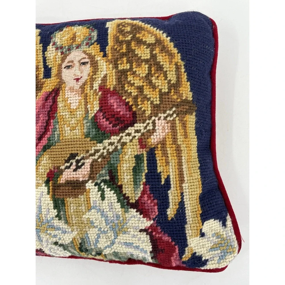 Vintage Needlepoint Wool Throw Pillow Christmas Angel Decor 9 x 9 Red Velvet